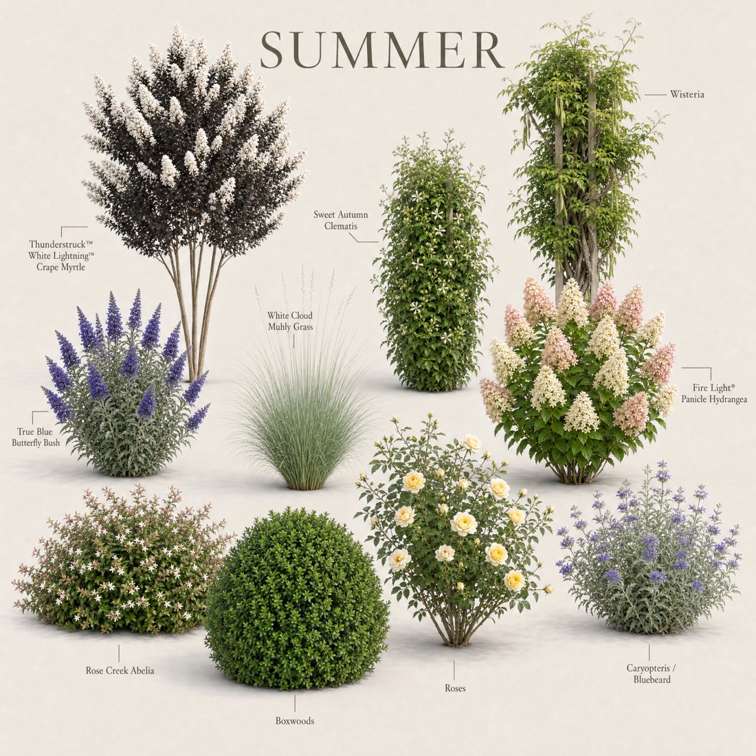 Every plant in the garden shown in its summer form
